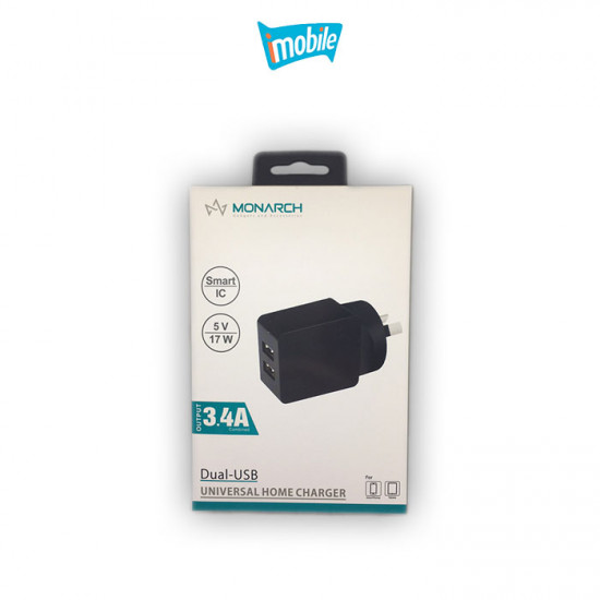 Monarch Dual USB Wall Charger 3.4A with Smart IC 5V 17W - 3665 (3665) Monarch Dual USB Wall Charger 3.4A with Smart IC 5V 17W